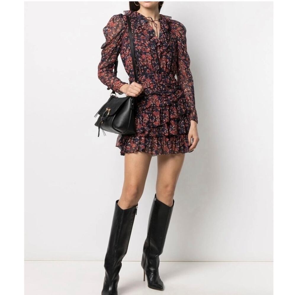 NWT Ulla Johnson Cecily Cosmos Silk Ruched Long Sleeve Ruffled Mini Dress 10
